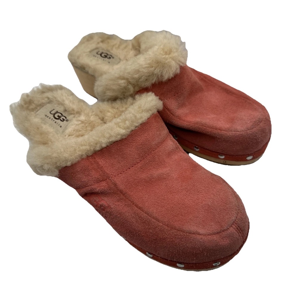 UGG  Vintage Kalie Sheepskin Women's  Pink Studded Wooden Clogs Sz‎ 10